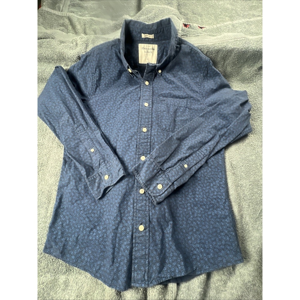 ABERCROMBIE & FITCH Muscle Navy/Blue‎ Bike Print Cotton Button-Down Shirt Size L